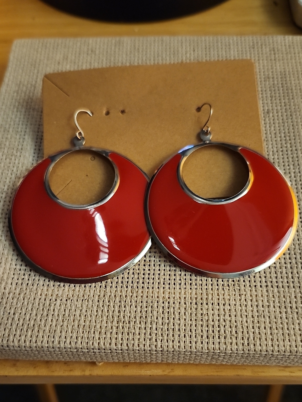 Vintage 80s Red Enamel Hoop Drop Earrings